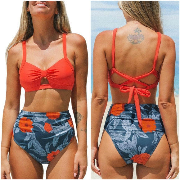 NWT Cupshe Orange Blue Floral Two Piece Bikini Swimsuit High Waist Bathing M - Picture 10 of 11
